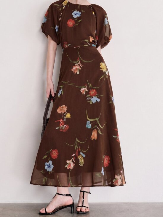 Dresses & Skirts - Coffee Elegant Women's Chiffon Floral Print Raglan Short Sleeve Round Neck Dress
